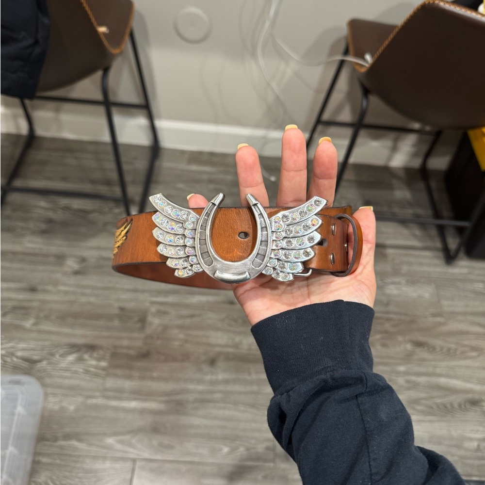 Brown Leather Belt with Silver Winged Horseshoe Buckle